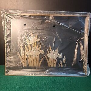 New Vint Otagiri Japan Pearl Iris Flower Lacquerware Serving Tray Black Gold